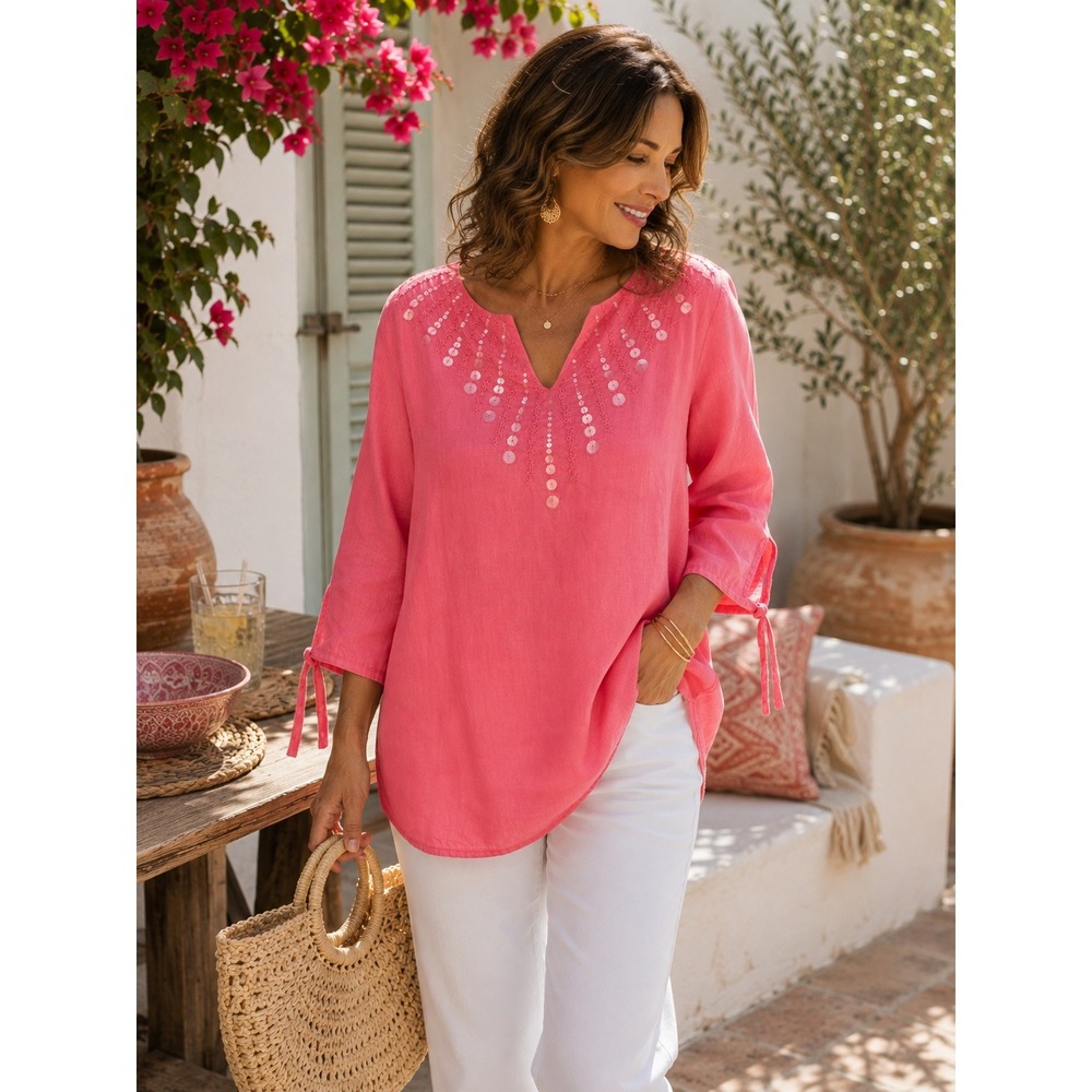 M Collection Linen Tunic Top Womens 14 Pink Sequin Beaded 3/4 Sleeve Boho